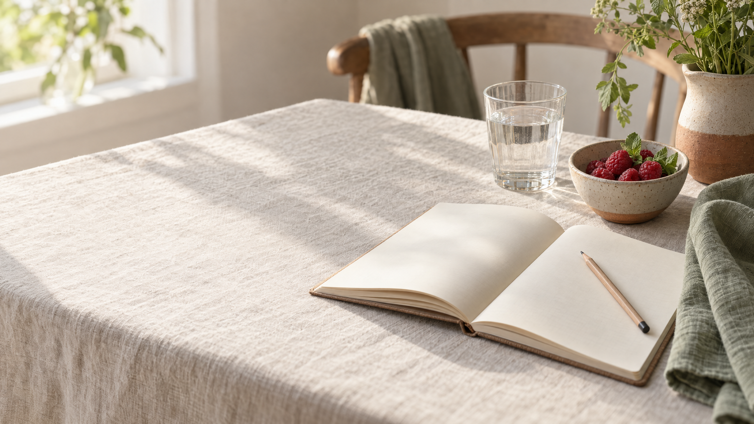 Table lumineuse avec un carnet, un verre d’eau et un bol de fruits frais
